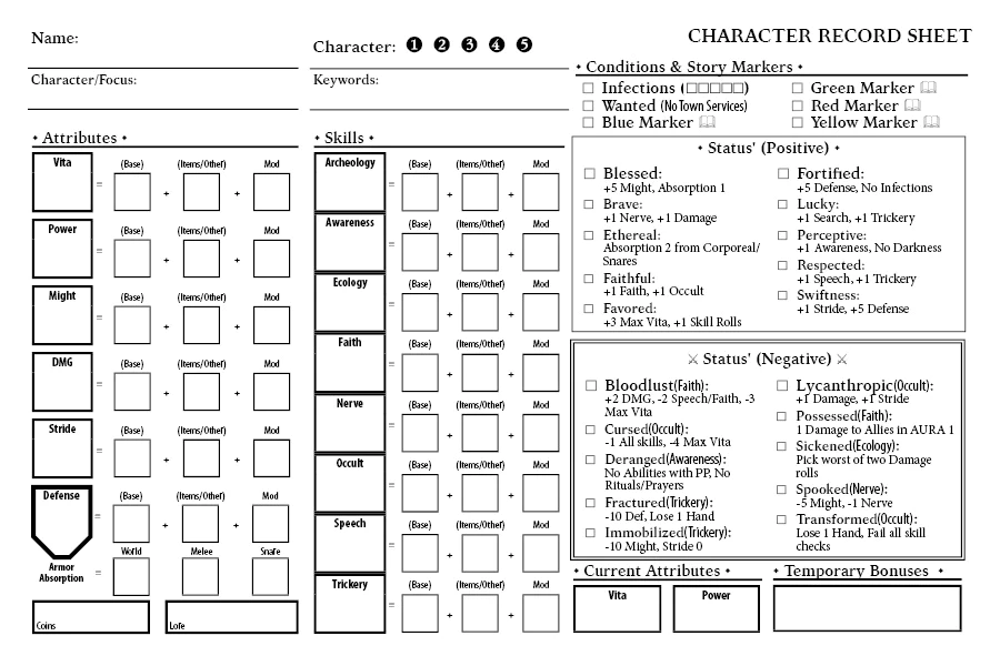 Folklore 2E: The Affliction - Character Record Pads