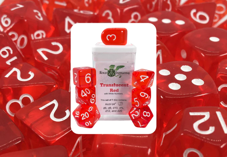 Polyhedral Dice: Translucent Red w/White Numbers - set of 7