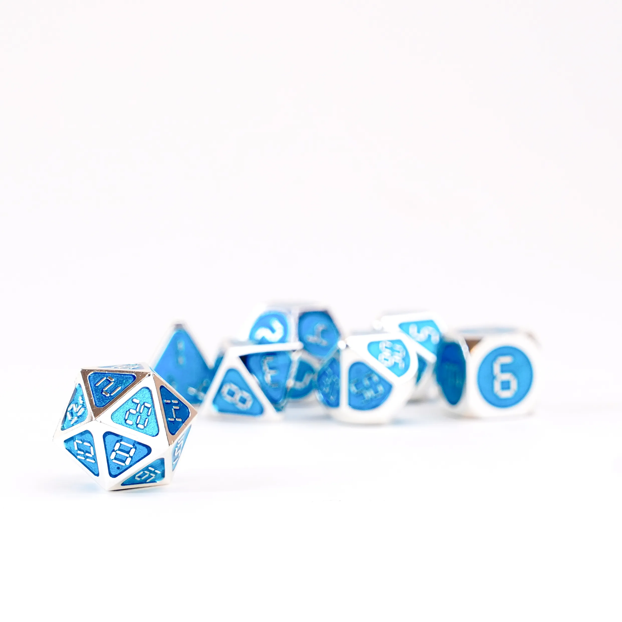 16mm Metal Polyhedral Dice: Silver with teal enamel