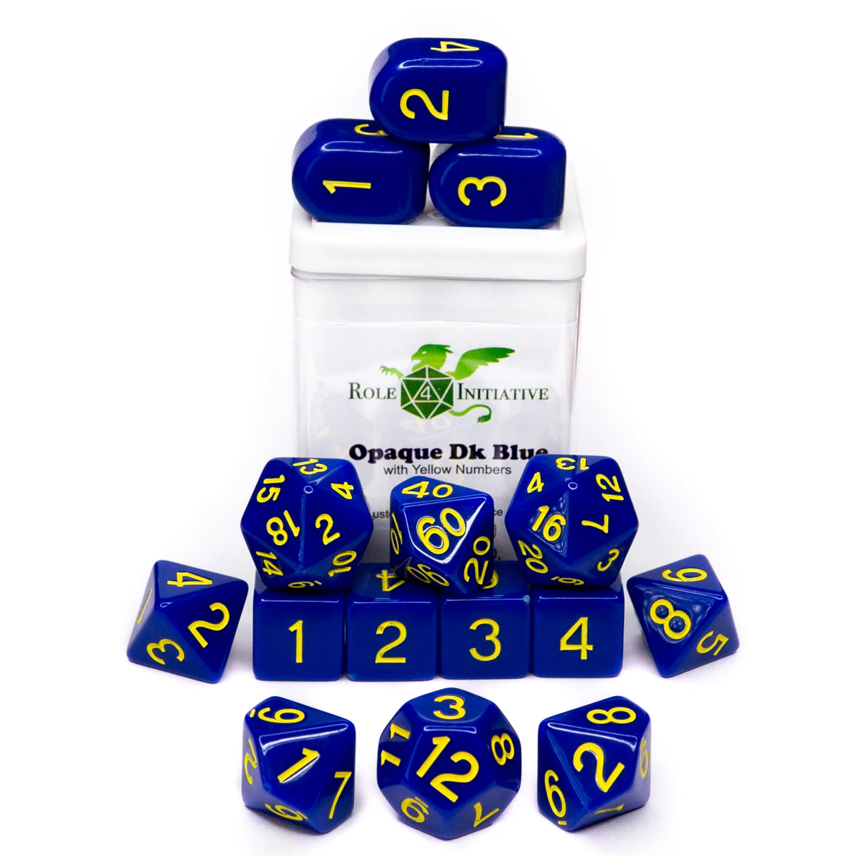 Polyhedral Dice: Opaque Dark Blue w/ Yellow Numbers - Set of 15
