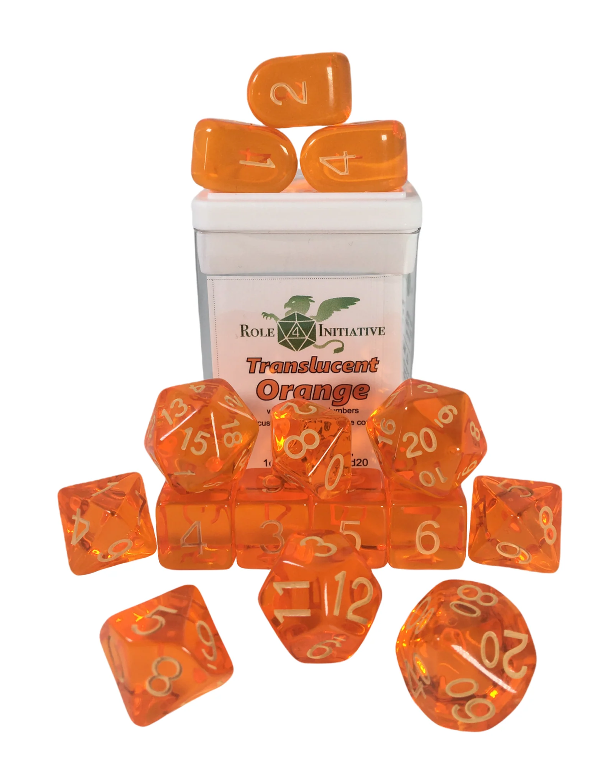 Polyhedral Dice: Translucent Orange w/ Light Orange Numbers - Set of 15
