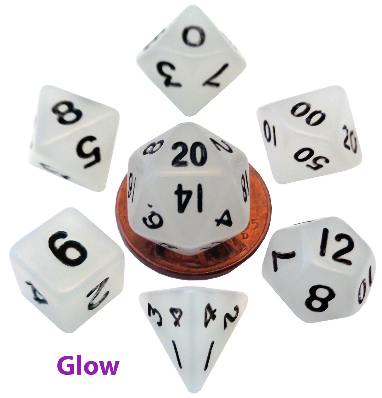 Mini Polyhedral Dice Set: Glow Clear with Black numbers