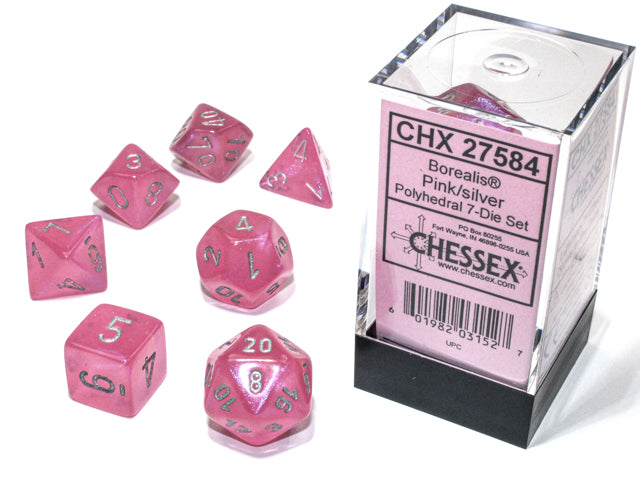 Chessex - Borealis Polyhedral Pink/silver luminary 7 die set