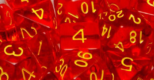 Polyhedral Dice: Translucent Red w/Yellow Numbers - set of 7