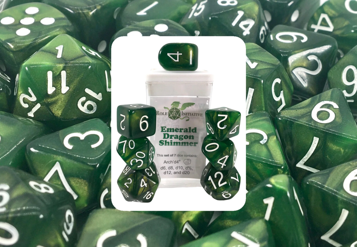 Polyhedral Dice: Emerald Dragon Shimmer - set of 7