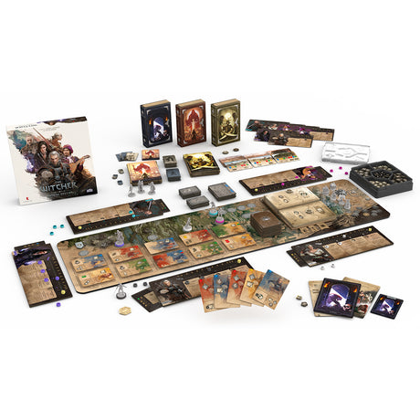 The Witcher: Path of Destiny - Deluxe Edition board game displaying game board and character cards