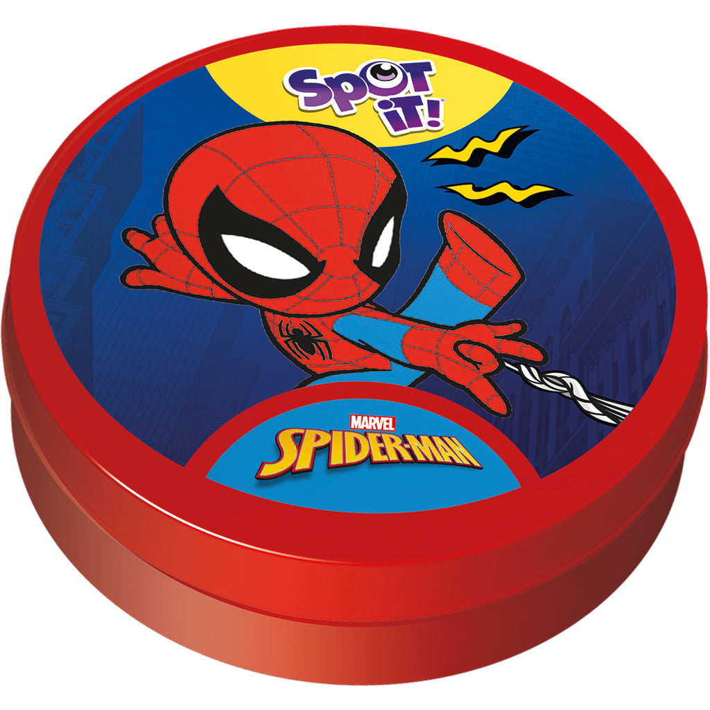 Spot It! Spider-Man board game tin container with Spider-Man artwork